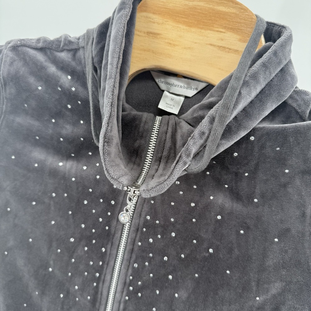 Christopher & Banks Y2K Velour Grey Zip Up Rhinestone Sparkle Gems Jacket Medium